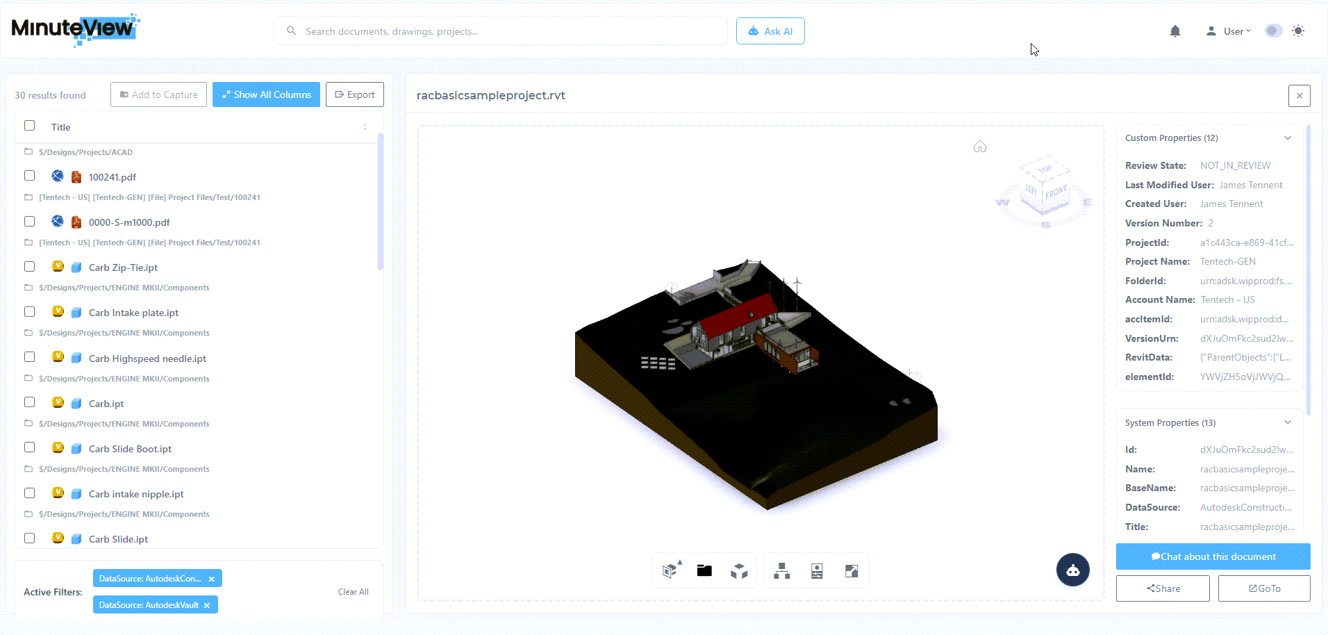 Mesh enterprise search interface showing unified results across Vault, ACC and SharePoint