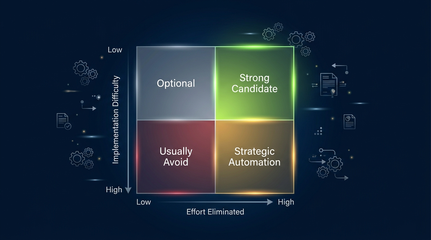 The Automation Opportunity Matrix - four quadrants mapping effort eliminated against implementation difficulty